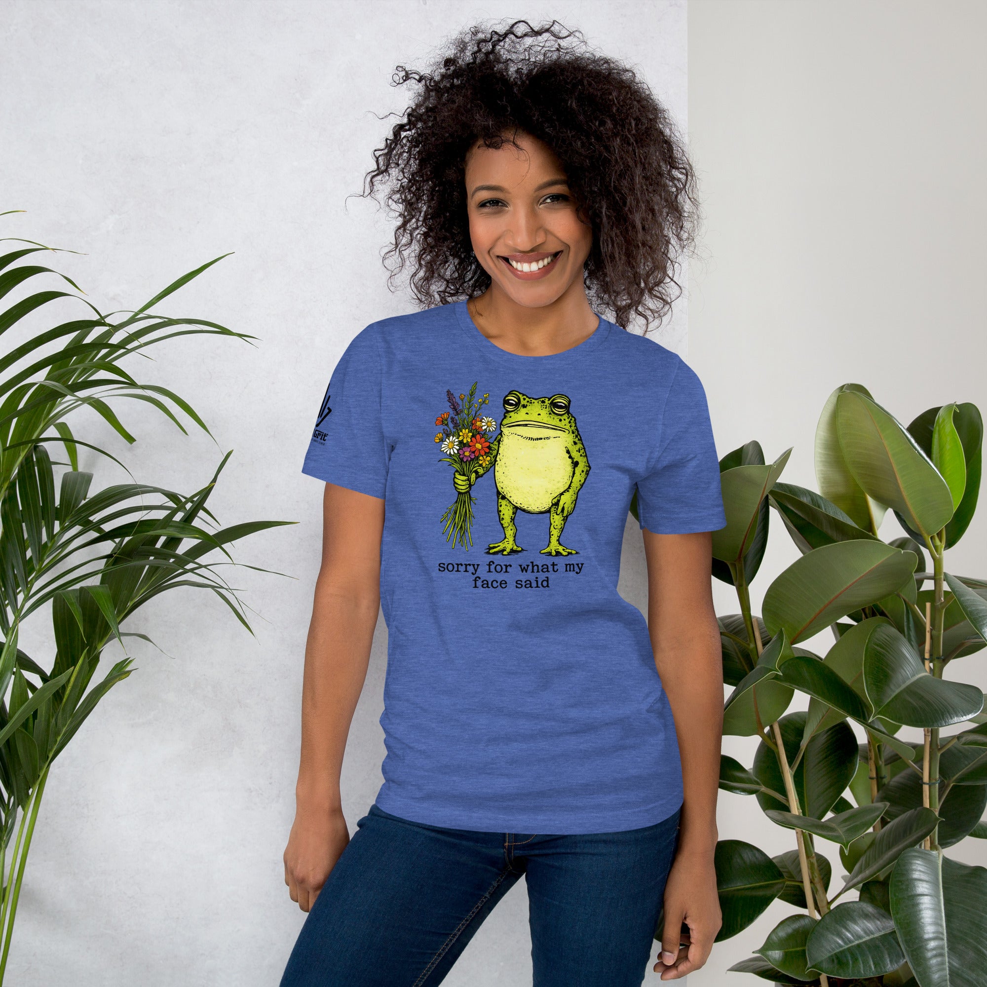 Deadpan humor shirt featuring a toad holding flowers with sarcastic expression