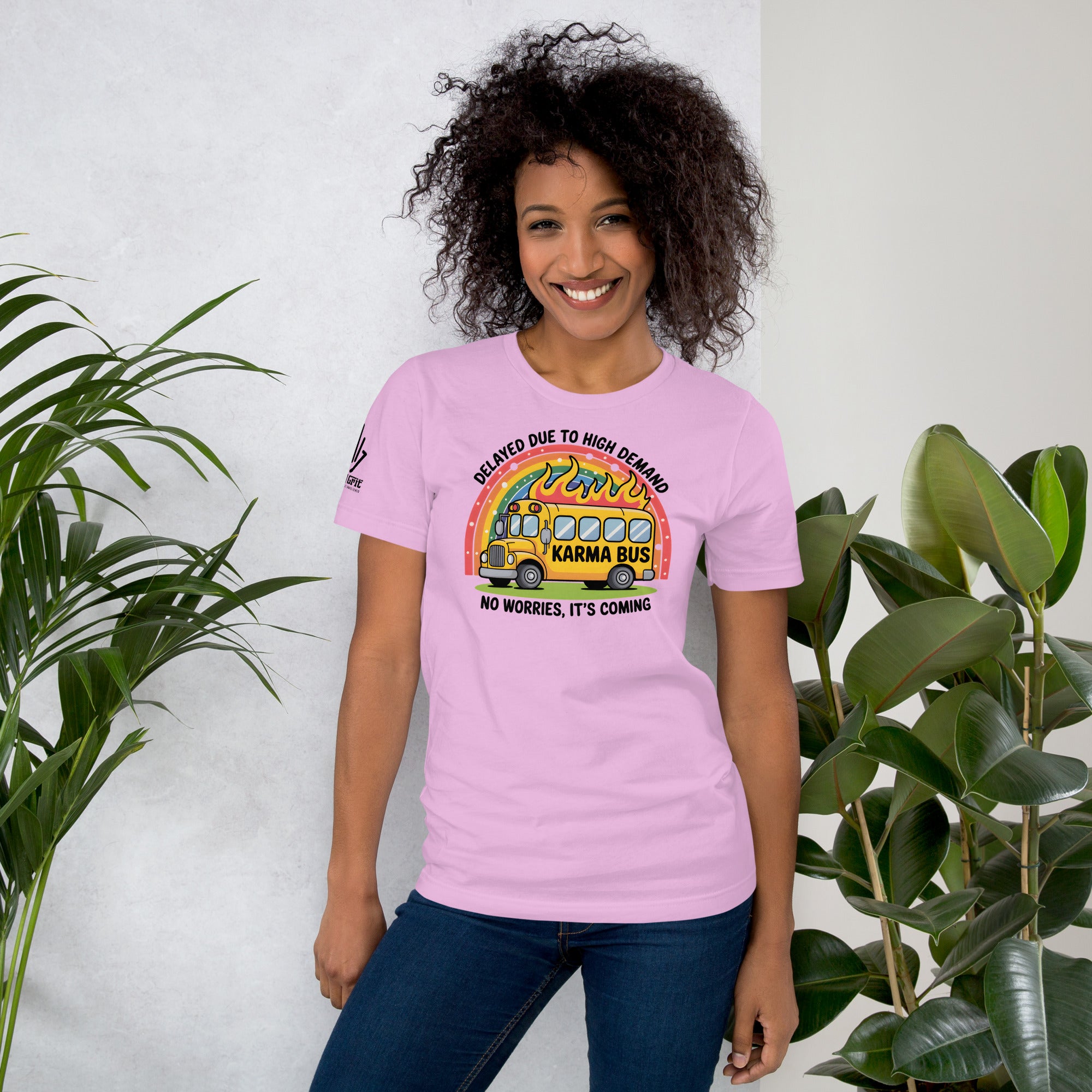 Funny delayed karma t-shirt featuring a sarcastic school bus design