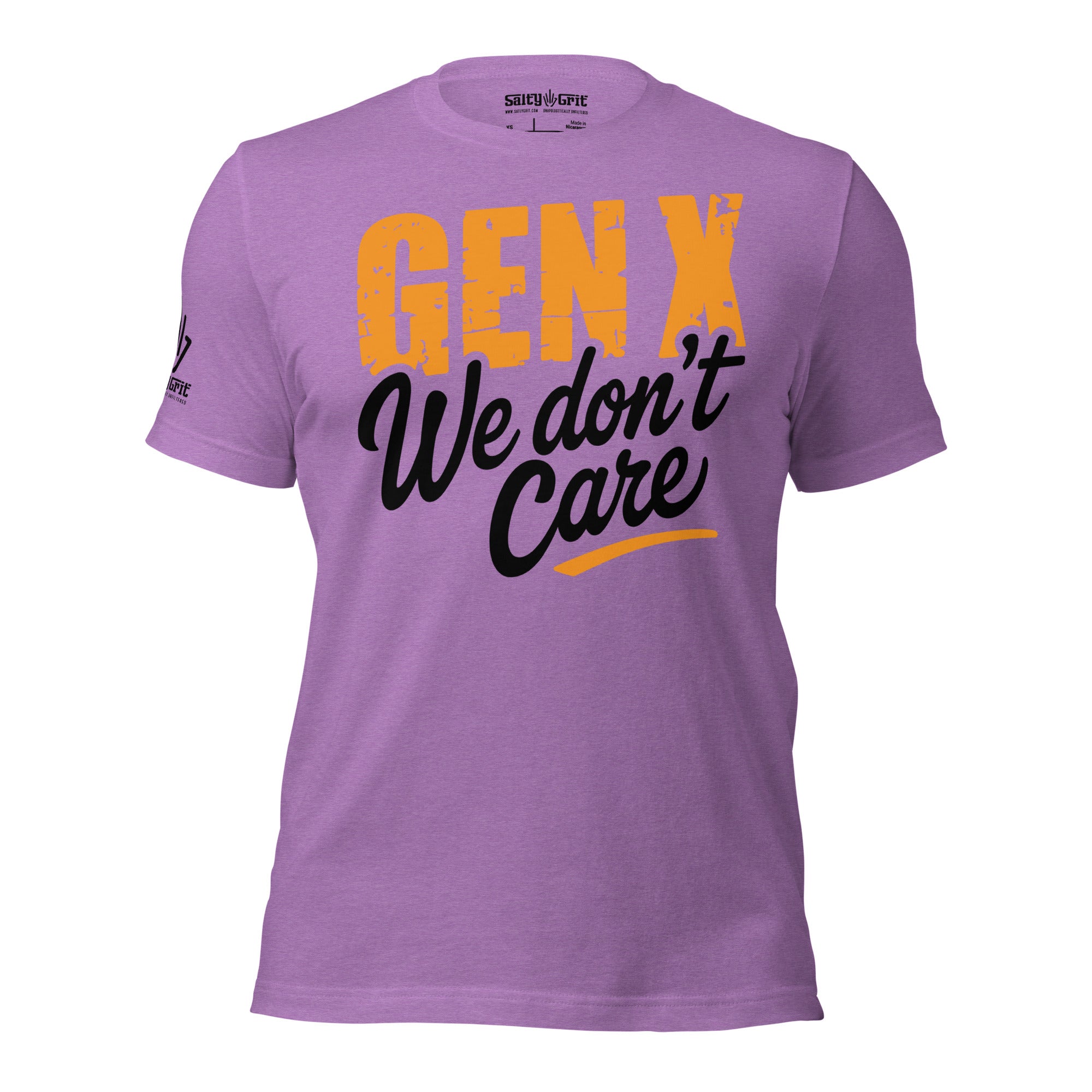 Sarcastic graphic tee with Gen X don’t care slogan