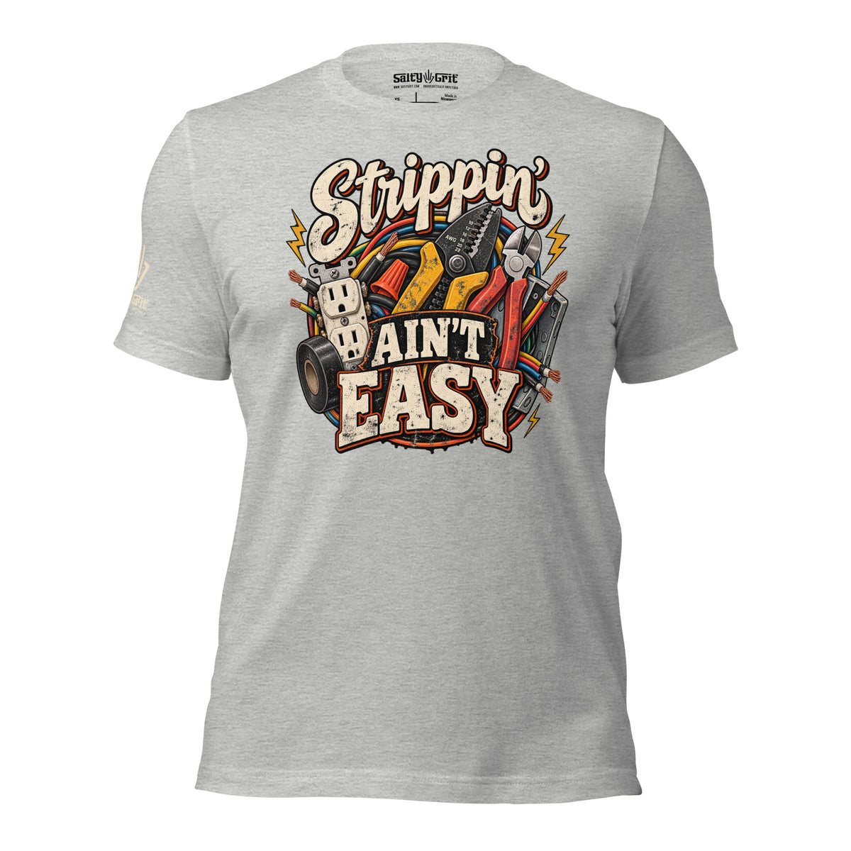 Electrician-themed shirt graphic surrounded by wire strippers, pliers, electrical cables, and outlets.