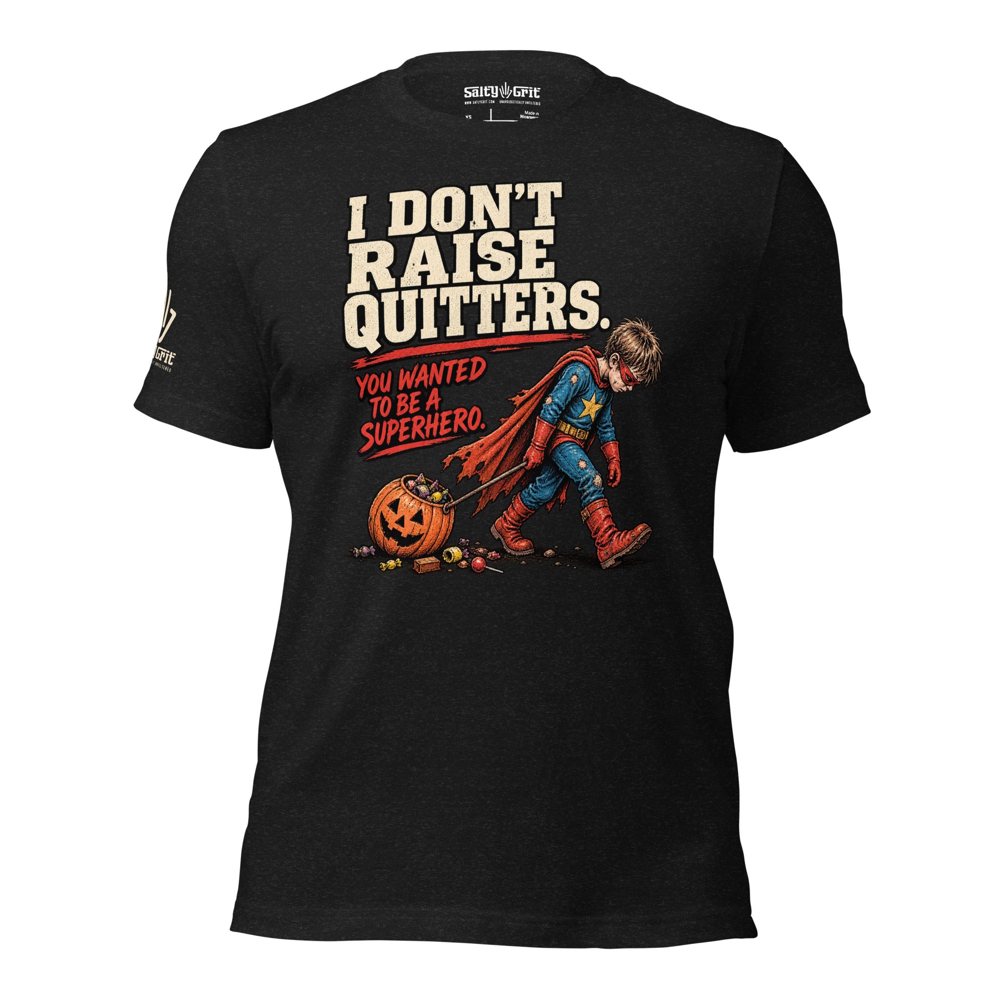 Funny shirt featuring an exhausted child dressed as a superhero after trick-or-treating