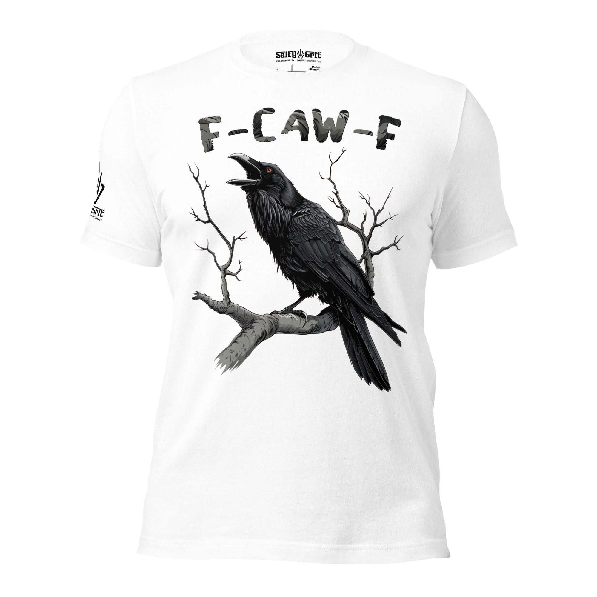 Graphic tee shirt with F-CAW-F phrase and crow illustration