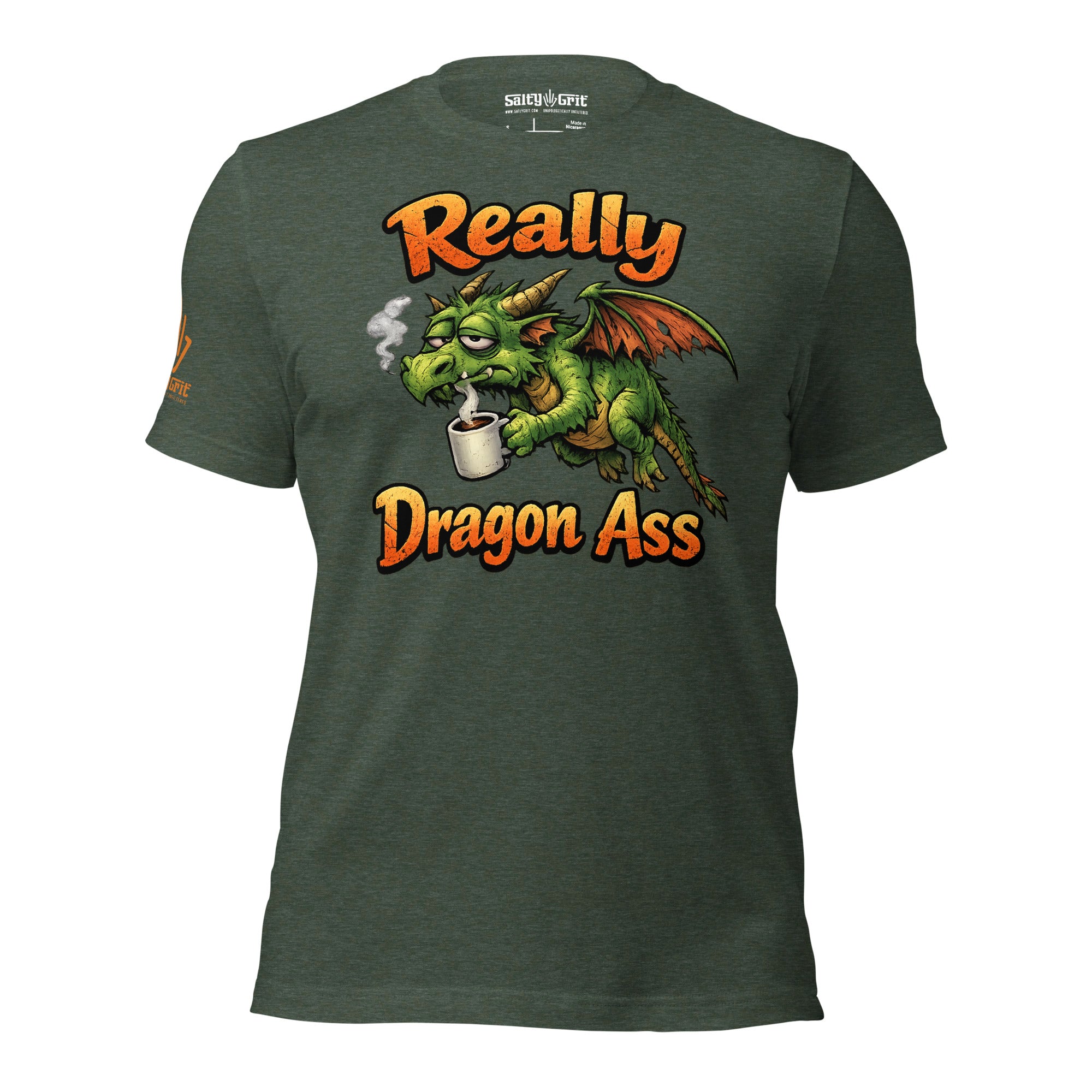 Fantasy humor graphic tee featuring a grumpy dragon and coffee