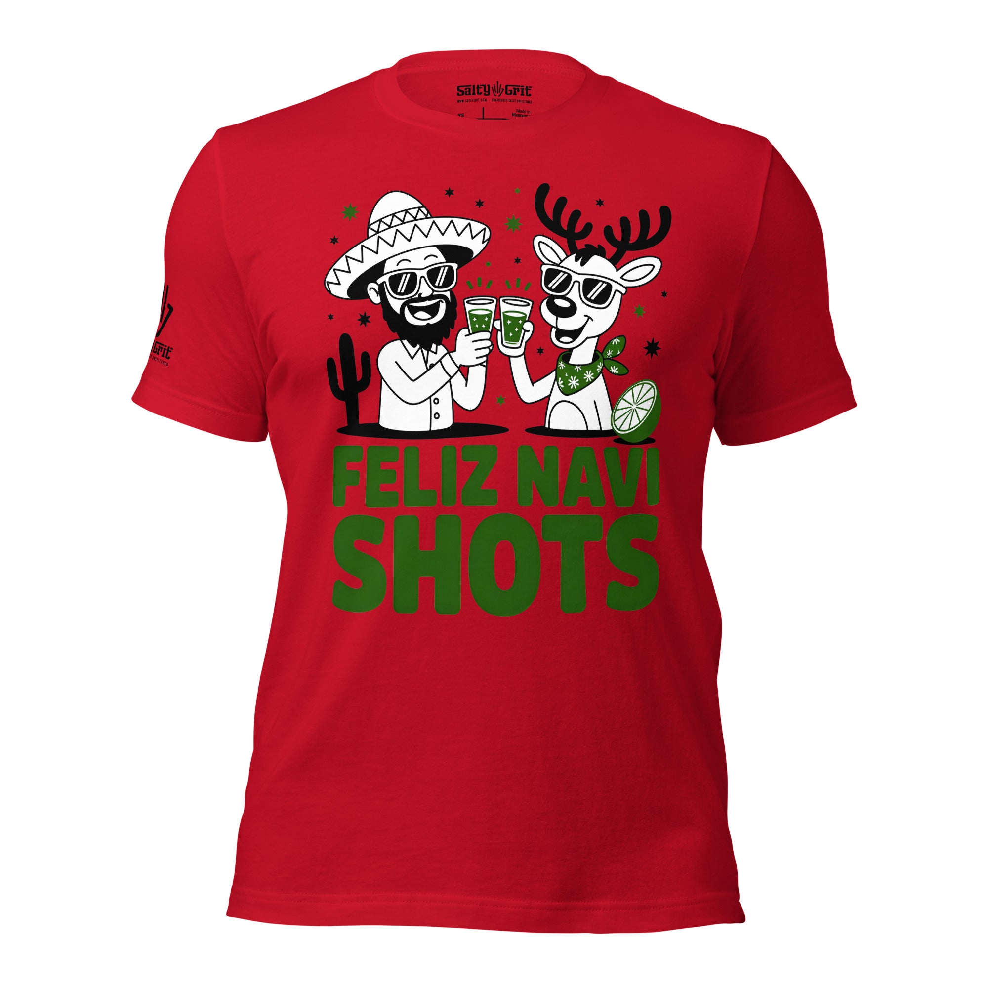 Funny Christmas shirt with reindeer taking shots and Feliz Navi Shots text