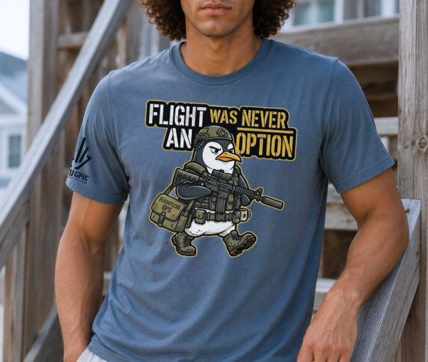 Funny fight or flight parody shirt with a tactical penguin