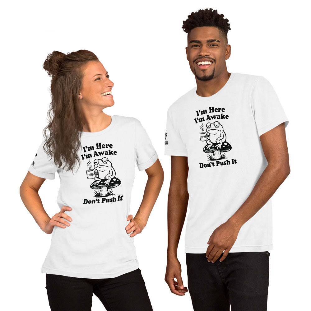 Frog sitting on mushroom drinking coffee funny t-shirt design