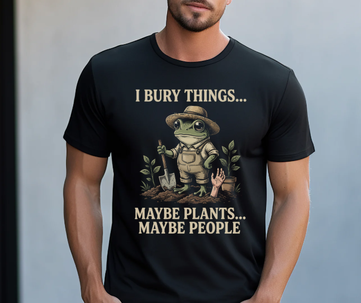 Sarcastic graphic tee featuring a frog gardener with dark humor