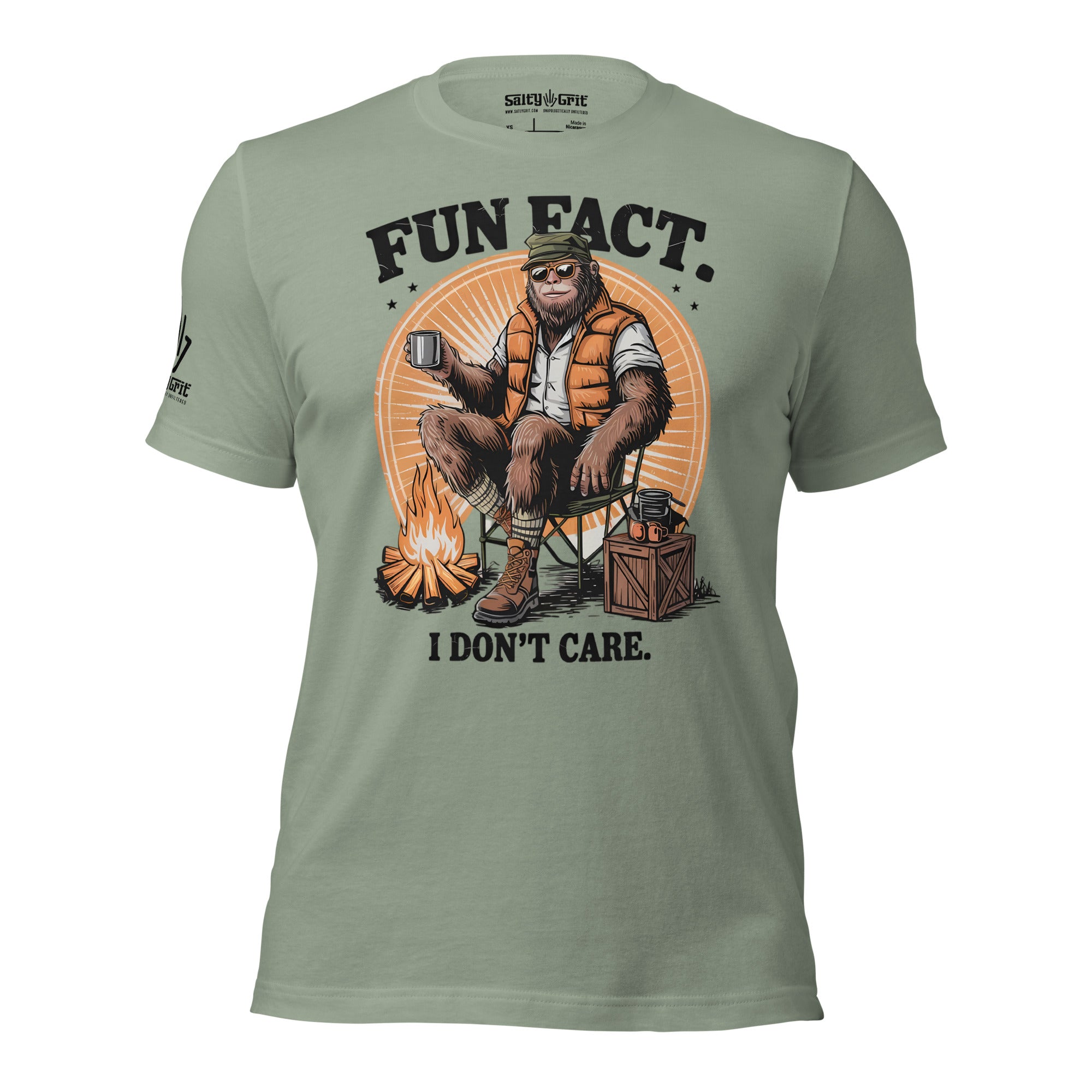 Funny shirt featuring Fun Fact I Don't Cares quote with Bigfoot camping