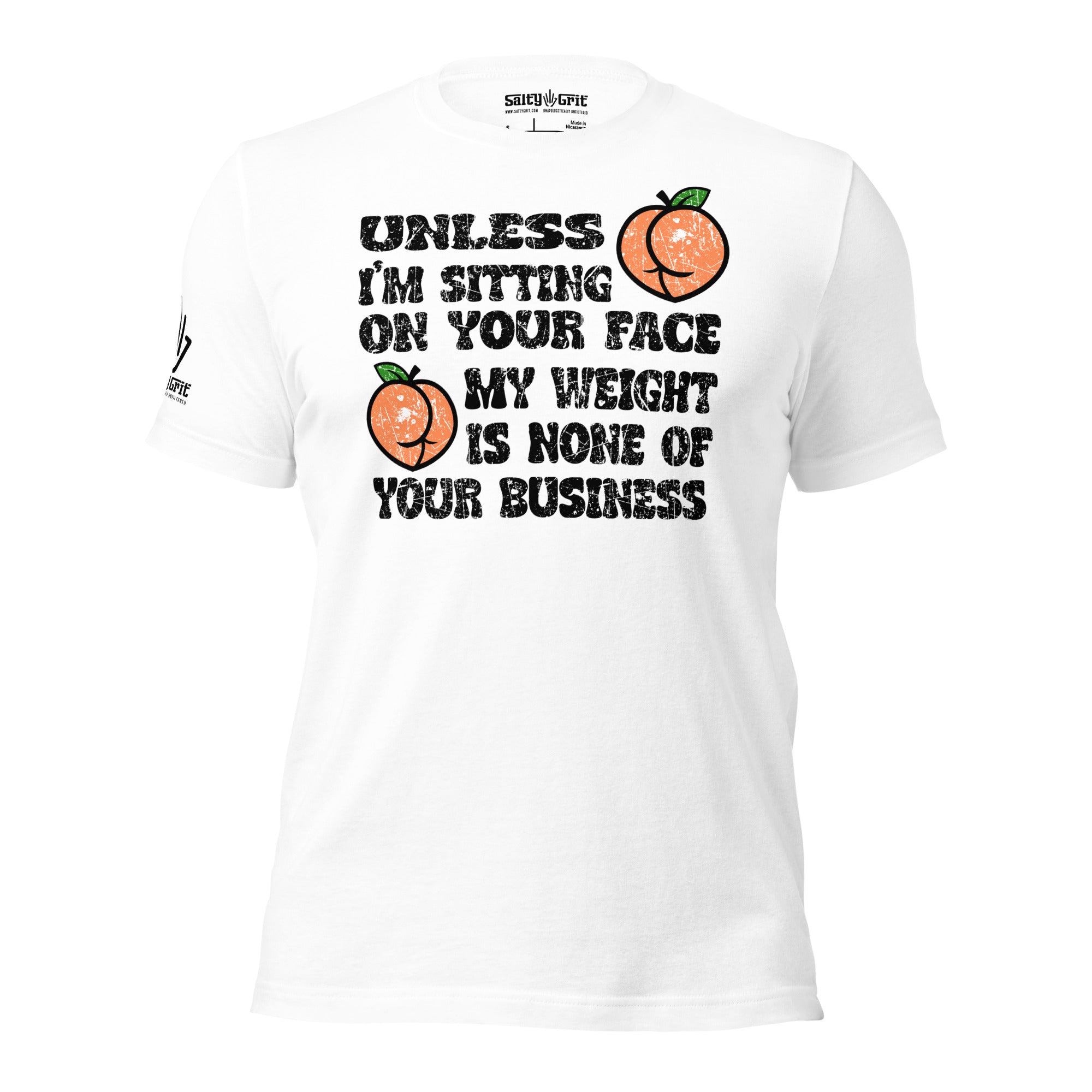 Funny body-positive graphic tee featuring distressed text and peach illustrations