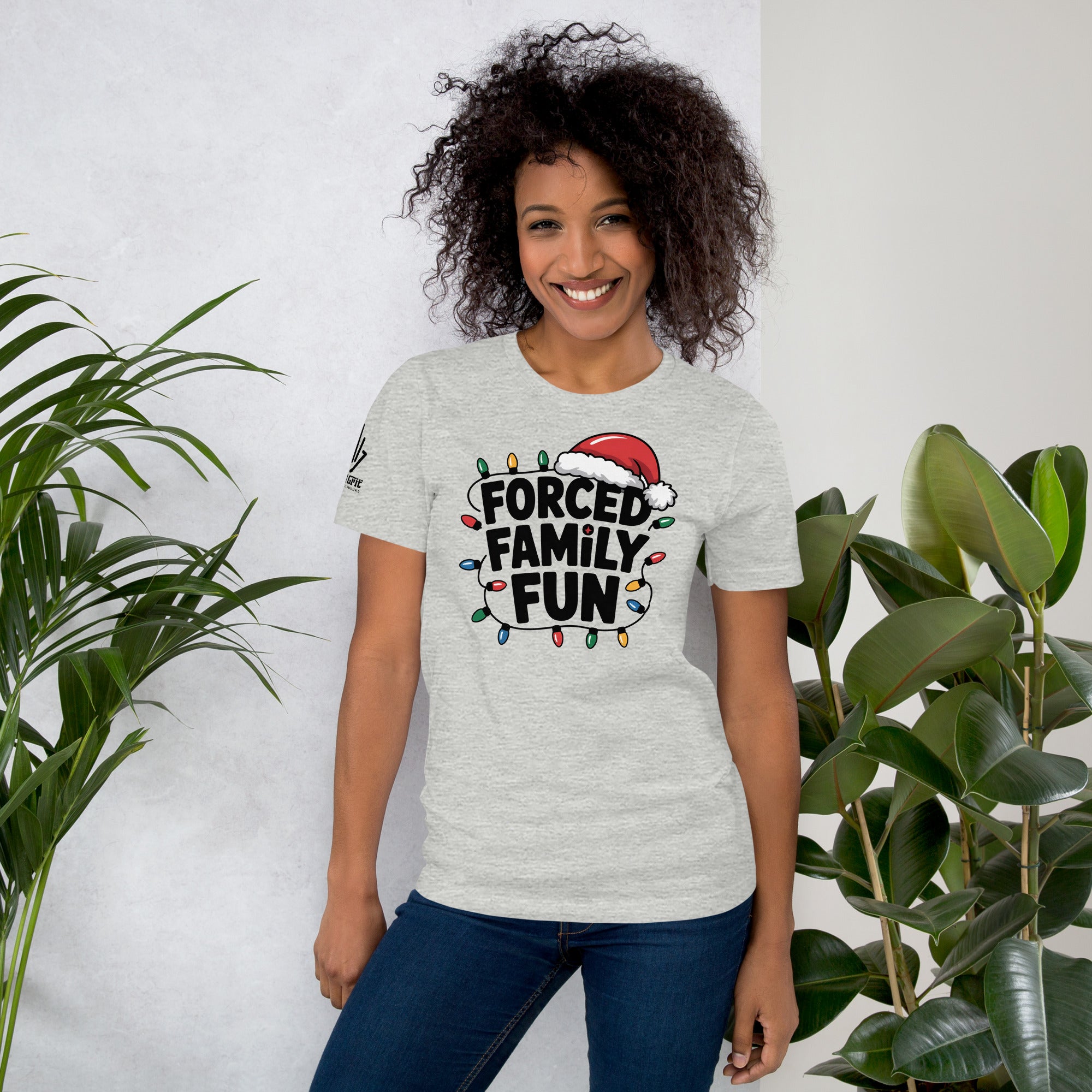 Funny Christmas graphic tee with humorous Forced Family Fun text