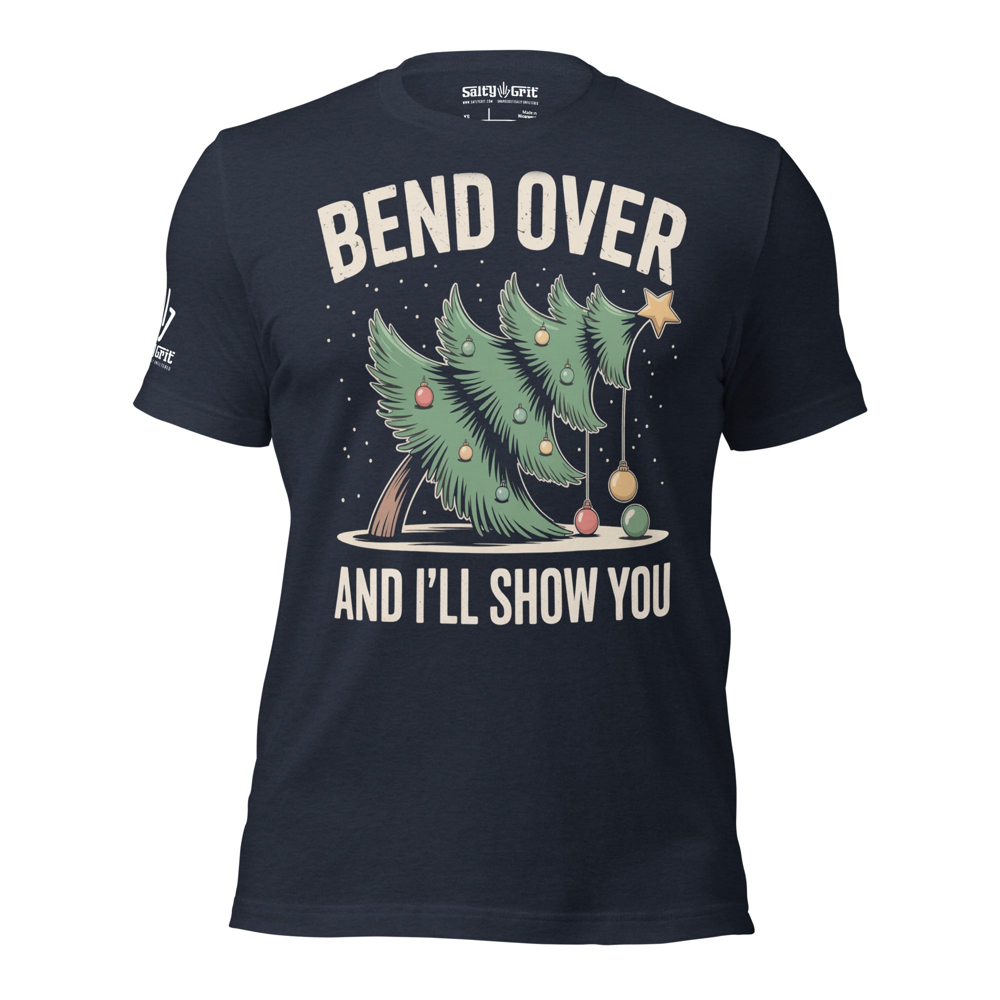Funny Christmas t-shirt with bent tree illustration and sarcastic wording