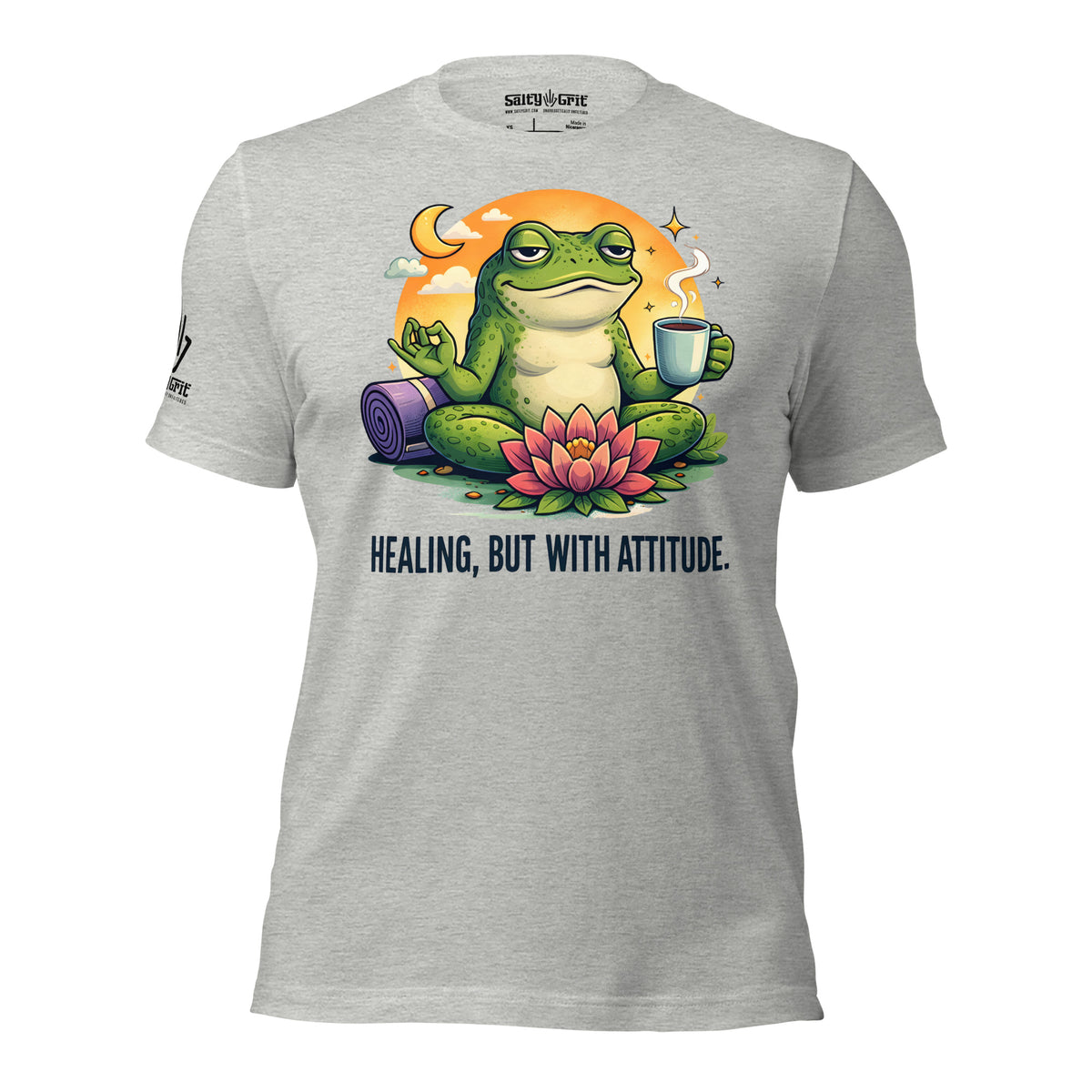 Funny coffee lover shirt featuring a frog meditating with a cup of coffee
