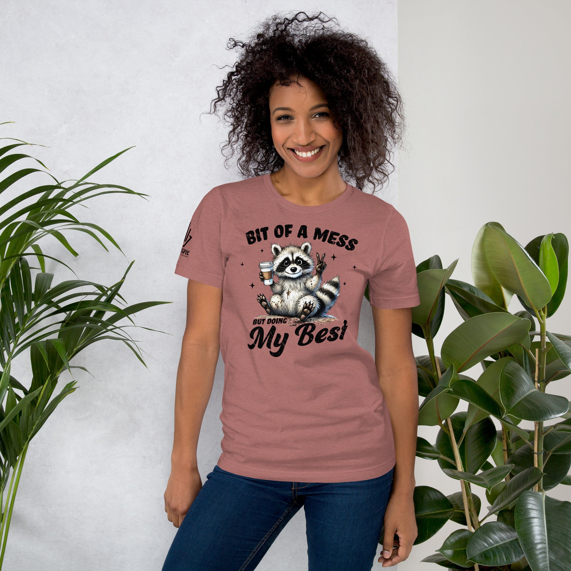 Coffee-themed funny shirt with peace sign raccoon and sarcastic saying