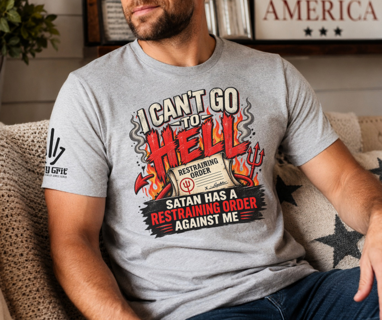 Devil-themed graphic with bold distressed lettering, flames, and a trident.