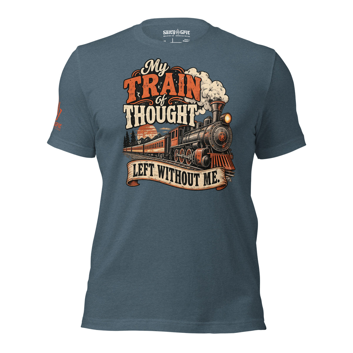 Humorous shirt graphic about losing your train of thought, illustrated with a departing train.