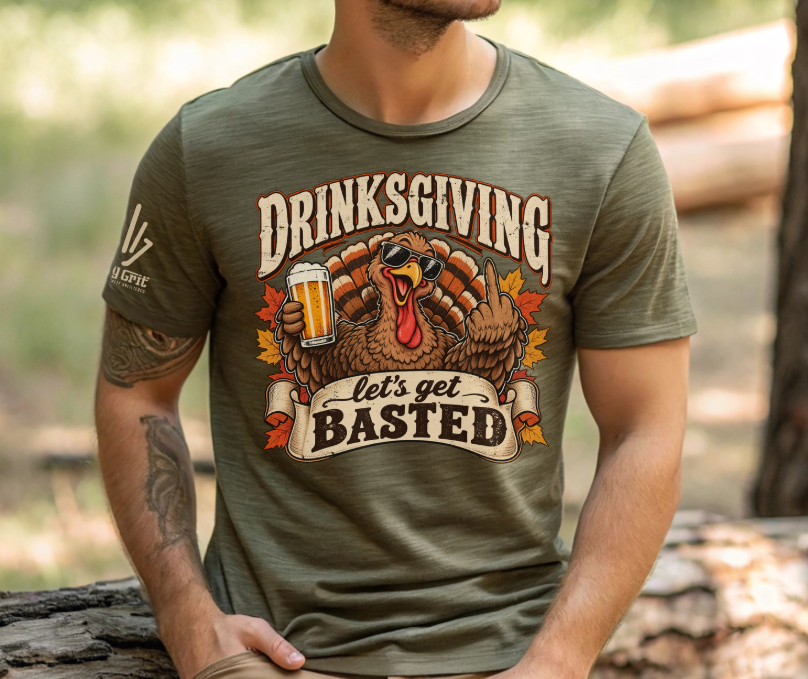 Funny Drinksgiving Let’s Get Basted shirt with a turkey holding beer and flipping the bird