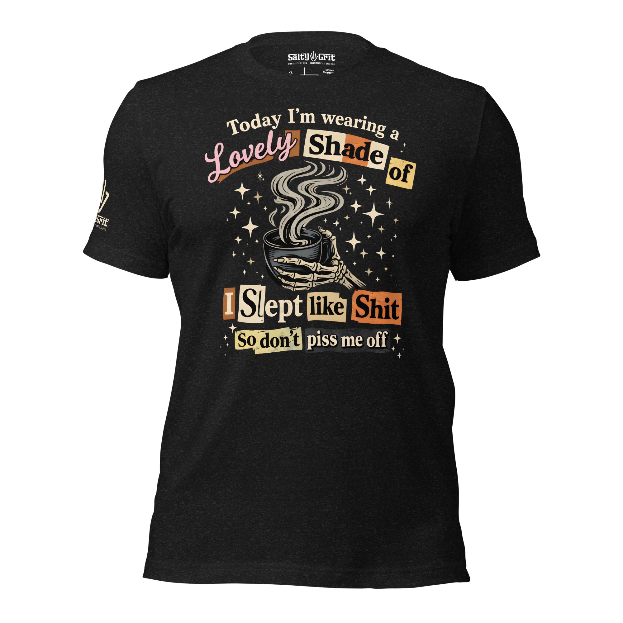 Funny exhausted shirt with ransom lettering and skeleton hand graphic