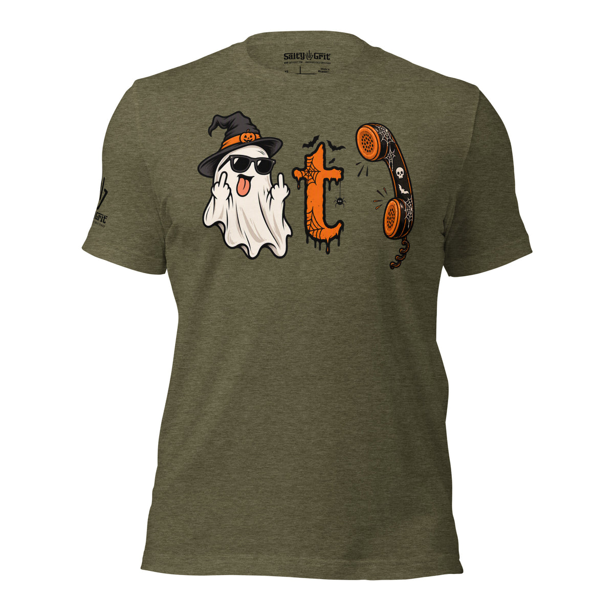 Funny ghost Halloween shirt featuring the Boo T Call joke for adults