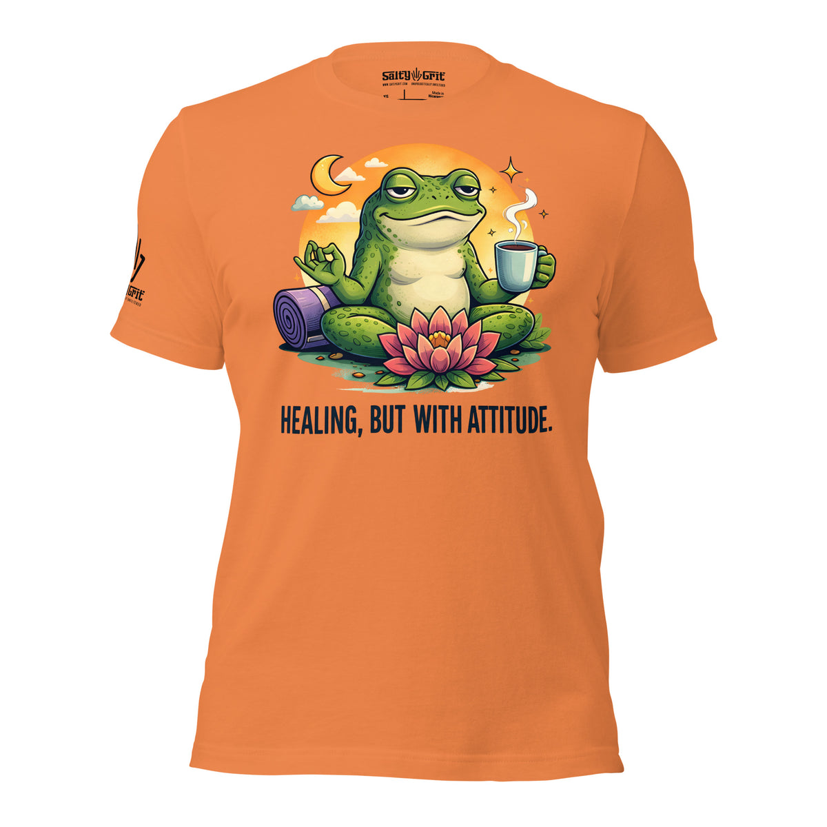 Funny gift shirt for introverts featuring a sarcastic frog meditating with coffee