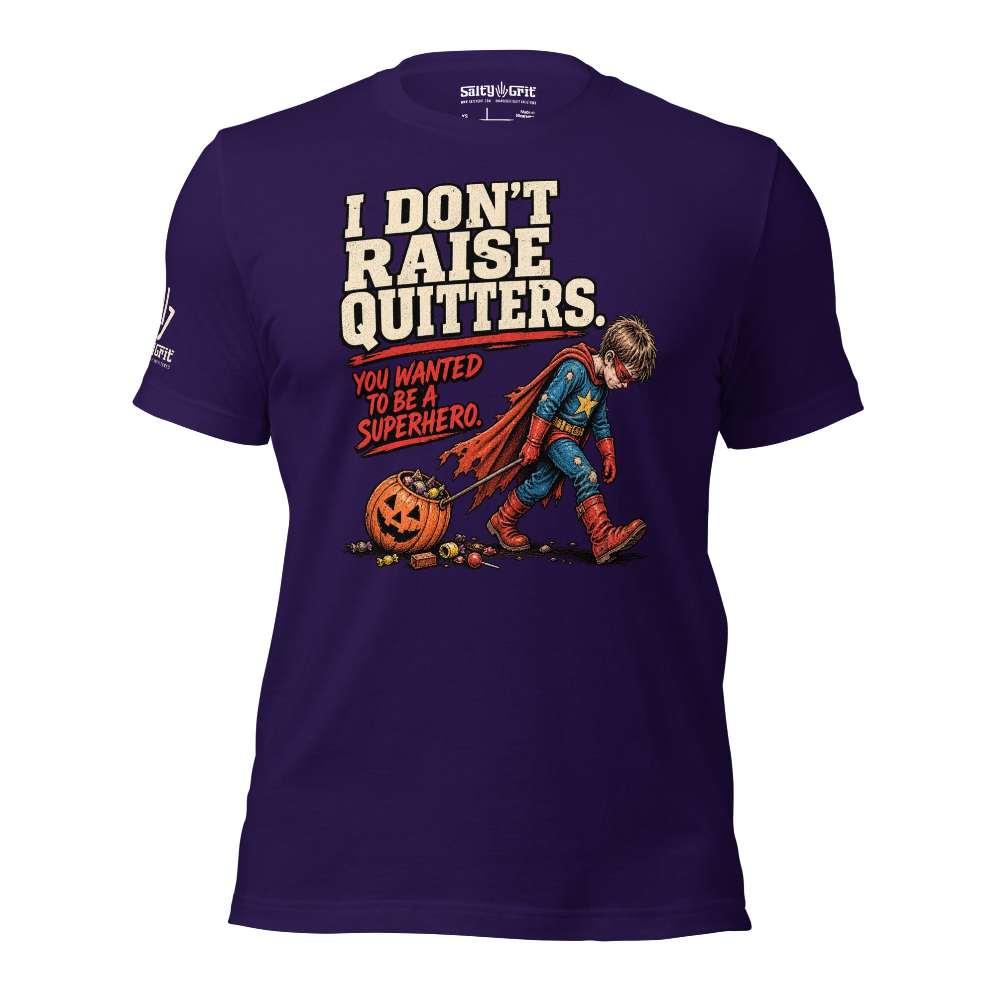 Funny Halloween gift for parents featuring I Don't Raise Quitters superhero humor