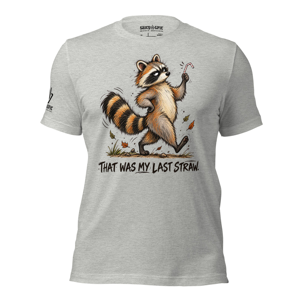 Funny gift shirt for stressed adults featuring a sarcastic raccoon and bent straw