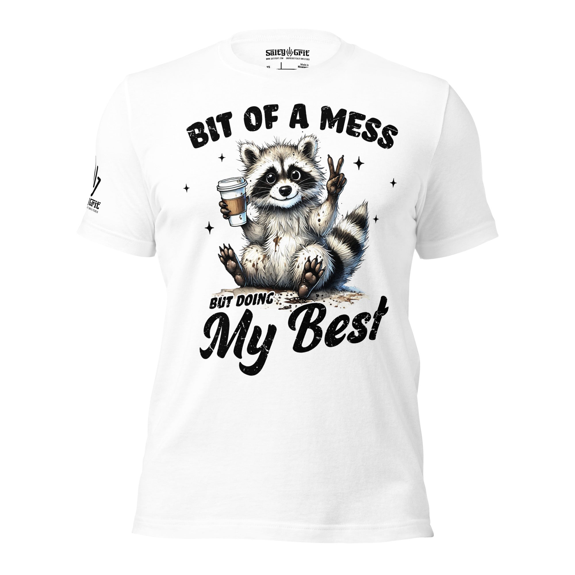 Funny gift shirt for coffee lovers with raccoon peace sign graphic