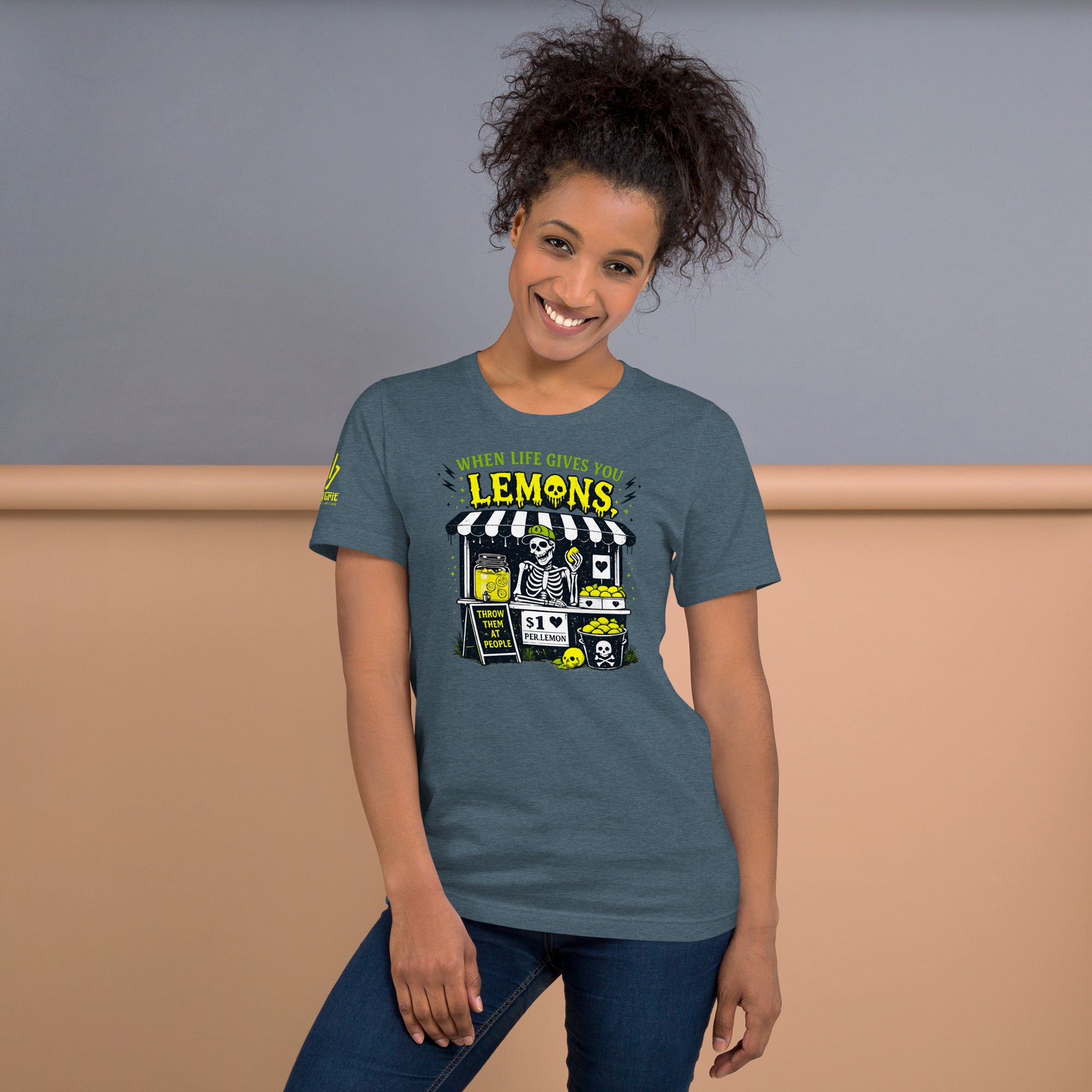 Funny gift shirt for sarcastic people featuring a skeleton with lemons