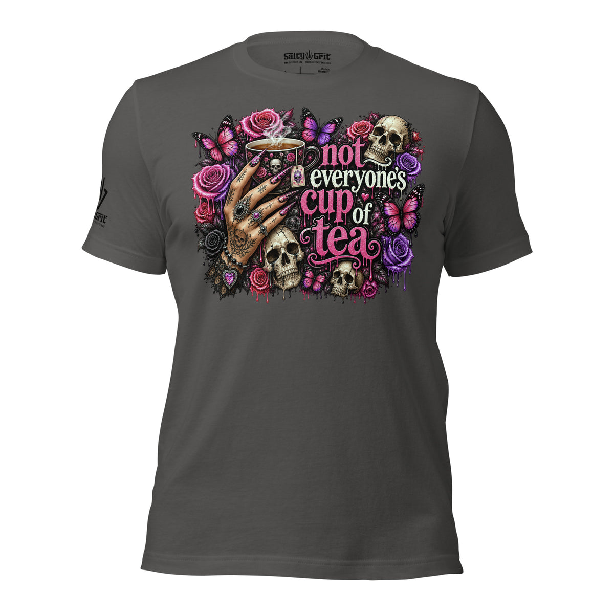 Funny sarcastic goth shirt with skull and rose hand artwork