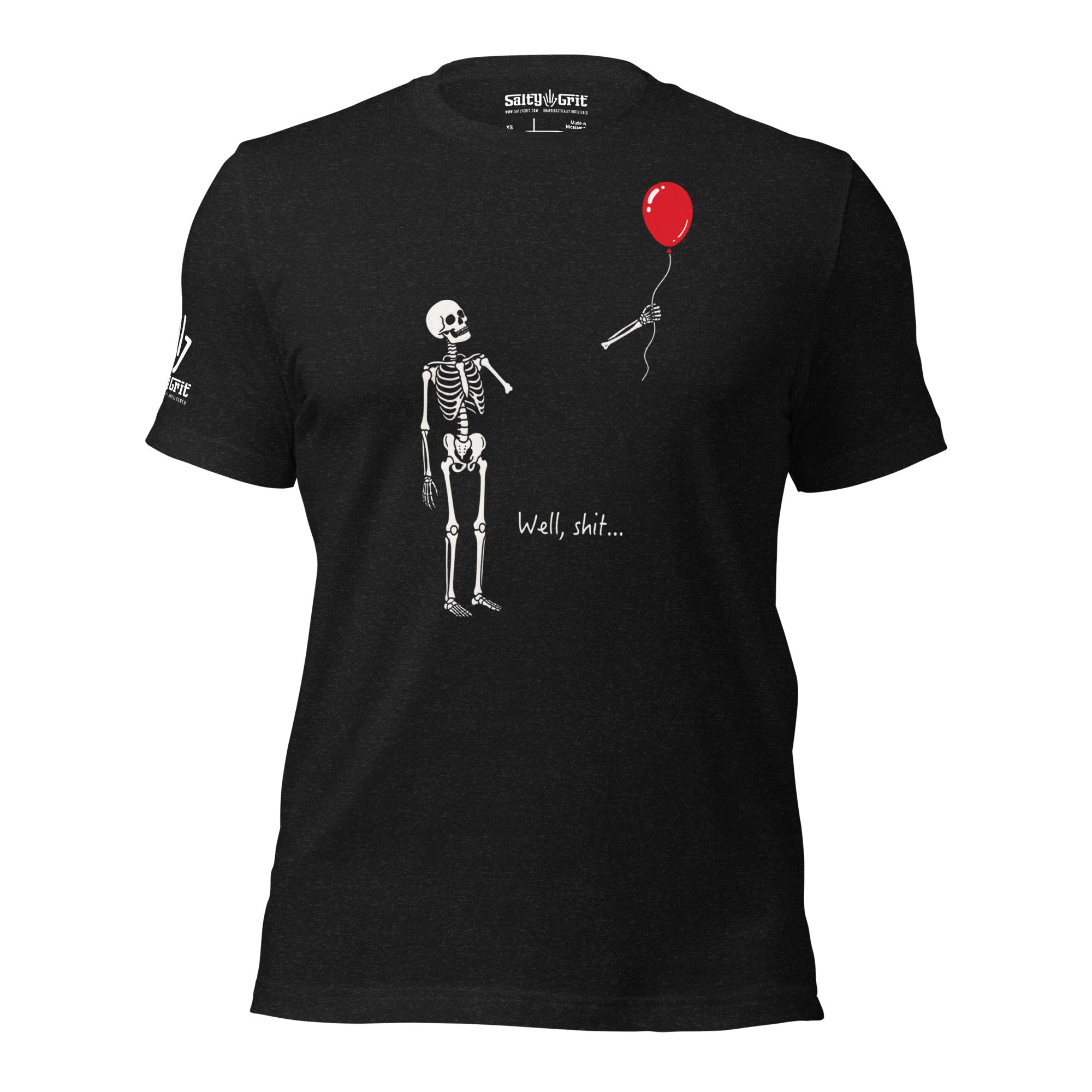 Funny graphic tee featuring skeleton and balloon with sarcastic humor