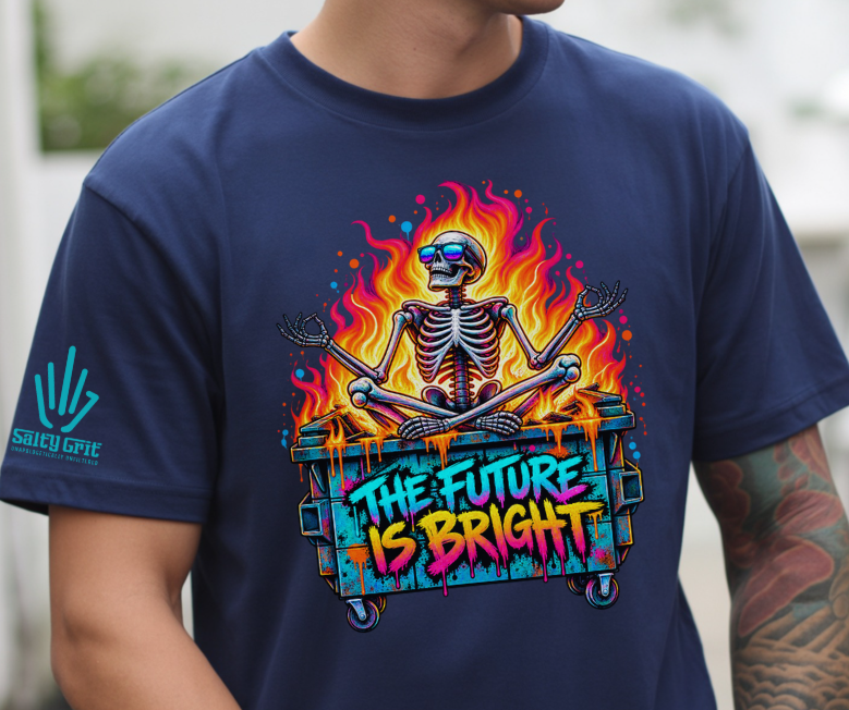 Cynical humor graphic with a skeleton wearing sunglasses in a burning dumpster.