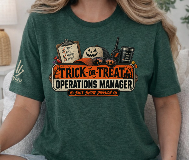 Funny Halloween parent shirt featuring a trick or treat operations manager design