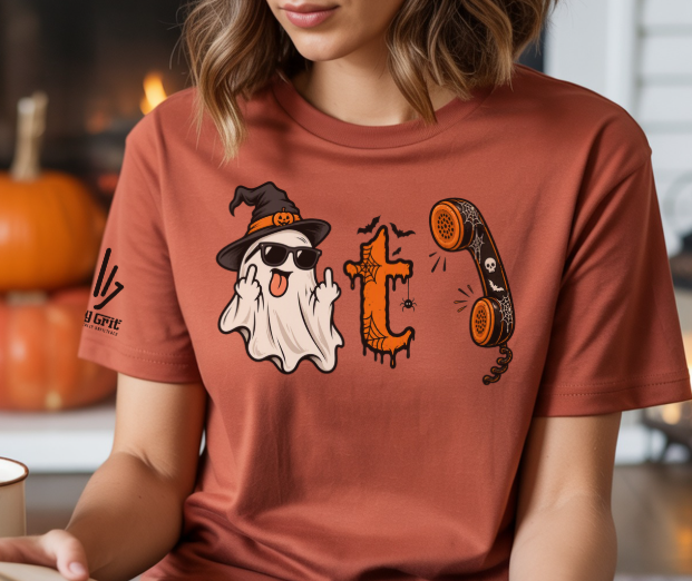 Funny Halloween pun shirt displaying Boo T Call with a ghost and phone
