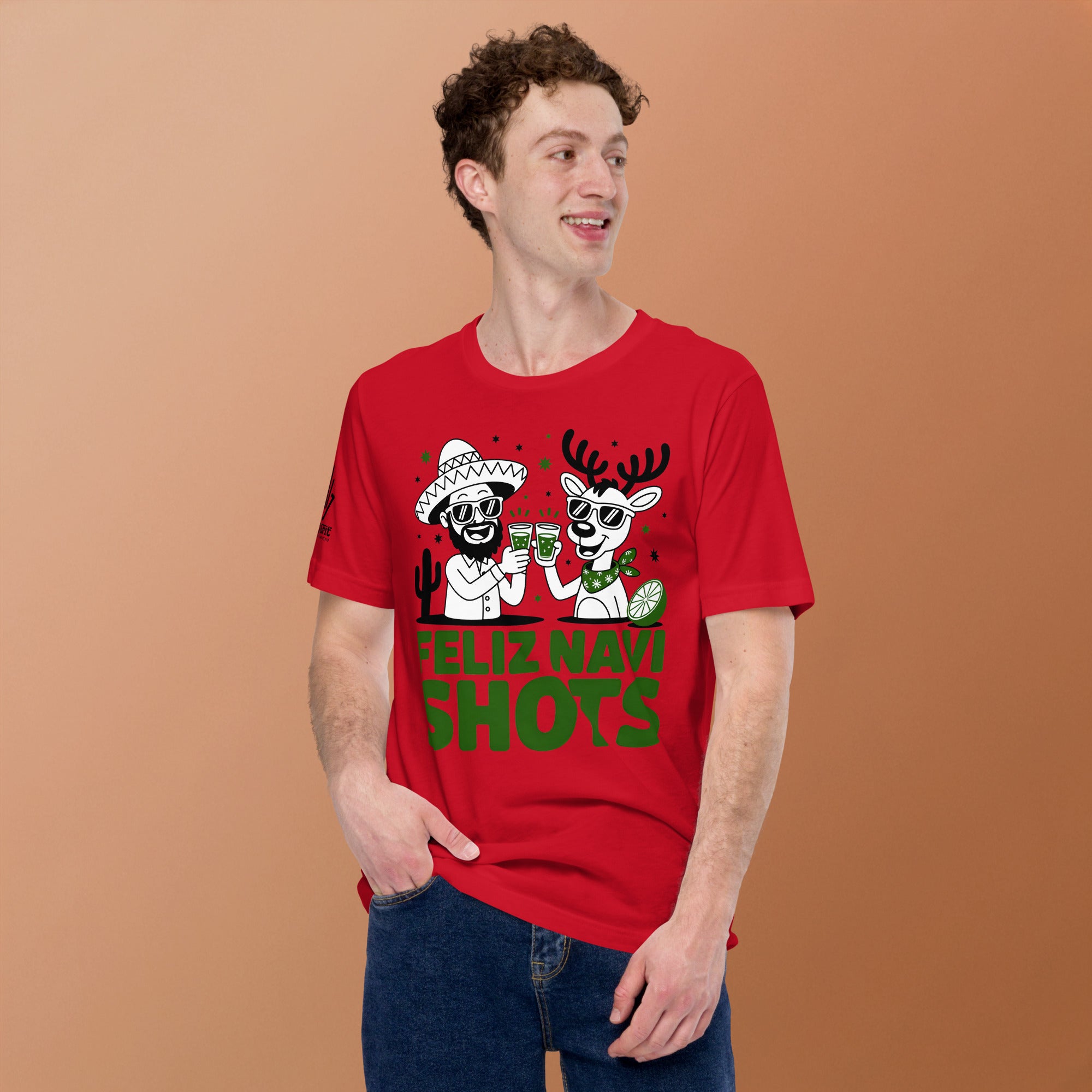 Funny holiday drinking shirt featuring reindeer celebrating with shots