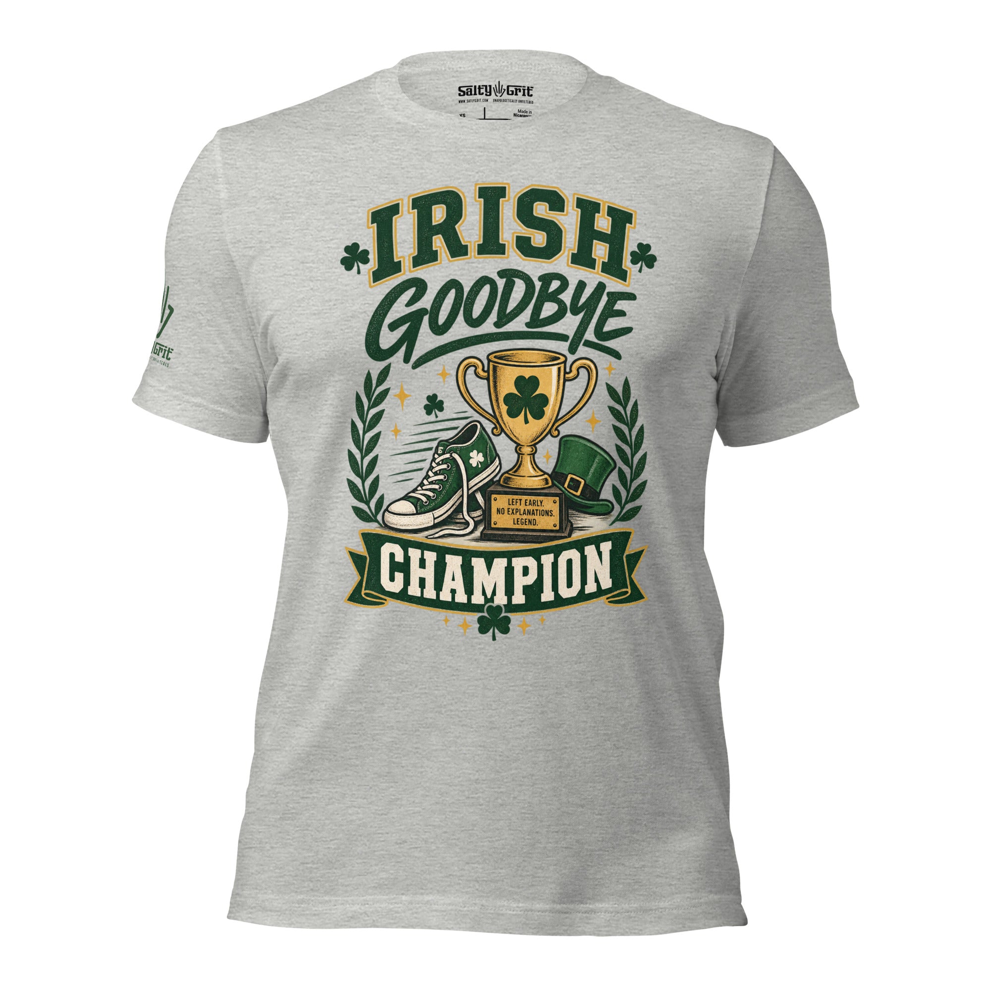 Funny t-shirt celebrating the Irish goodbye with a trophy and running shoe