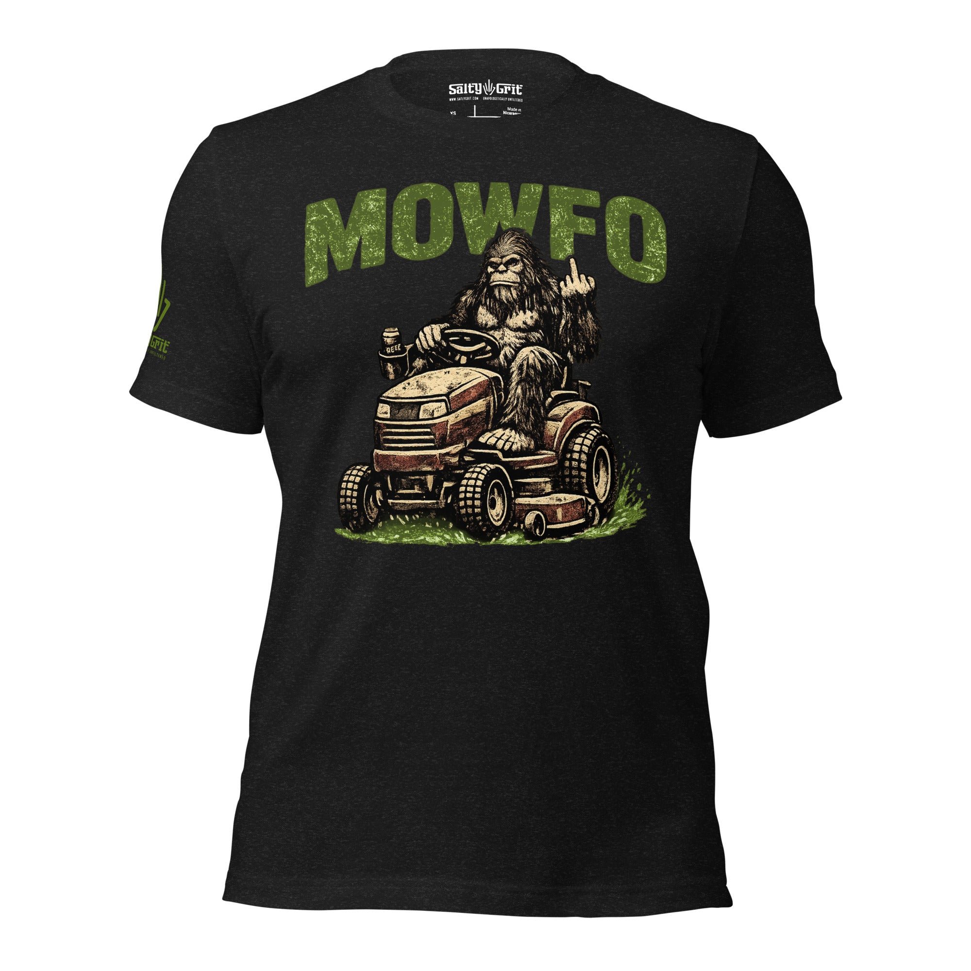 Funny lawn care shirt featuring Bigfoot mowing grass and flipping the bird