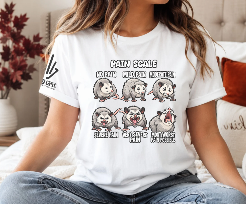 Dark-humor medical graphic featuring increasingly distressed opossums on a pain scale.