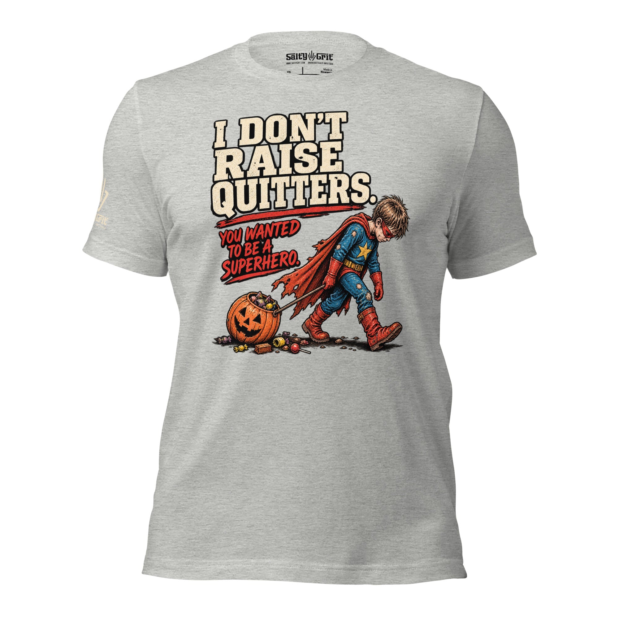 Funny Halloween shirt for moms and dads featuring a tired superhero child