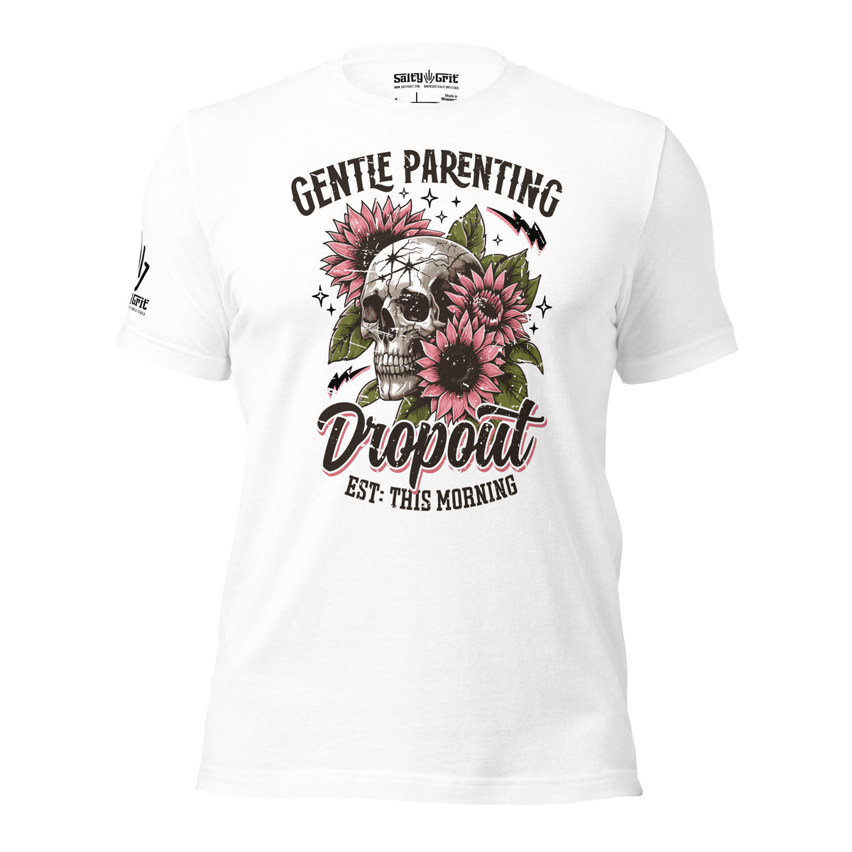 Funny mom graphic tee featuring a skull, flowers, and sarcastic parenting humor