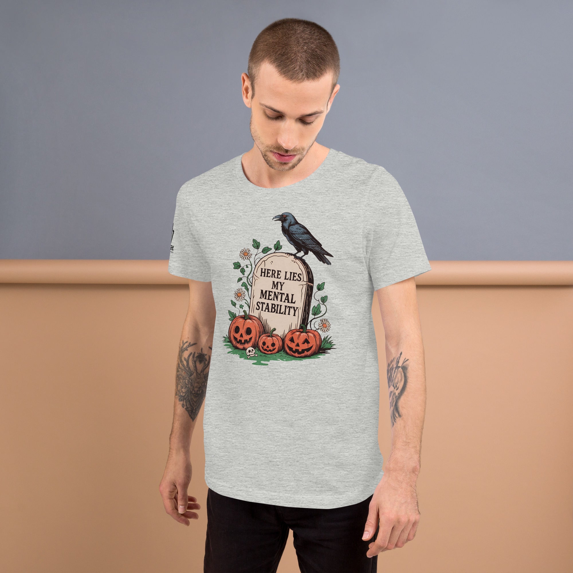 Sarcastic Halloween graphic tee with tombstone and crow illustration