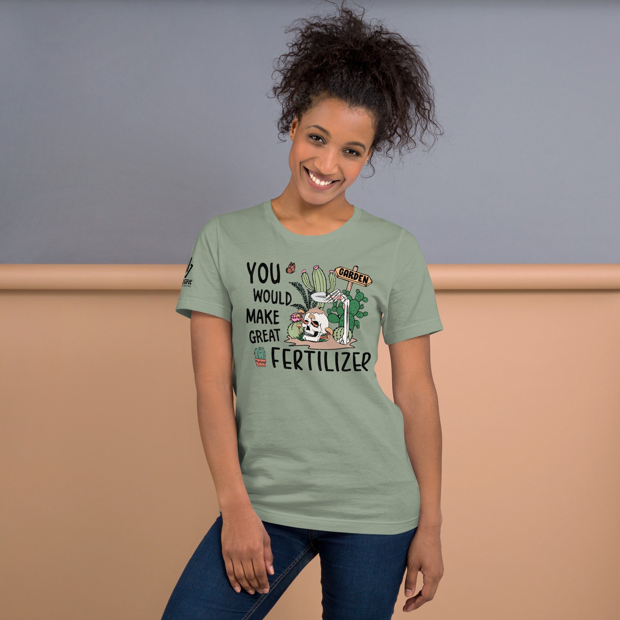 Graphic t-shirt for plant lovers with sarcastic fertilizer joke