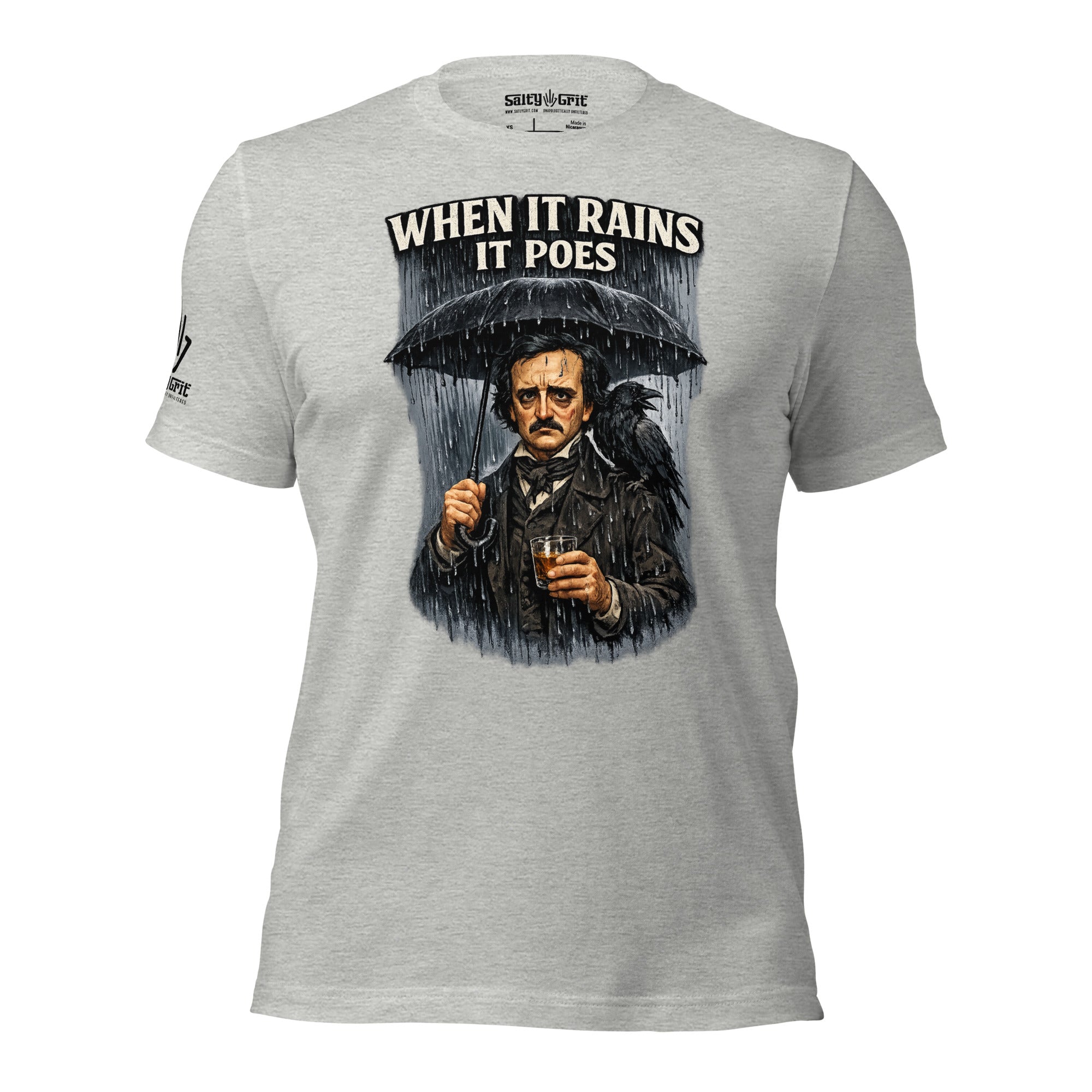 Funny Edgar Allan Poe t-shirt with raven and whiskey illustration