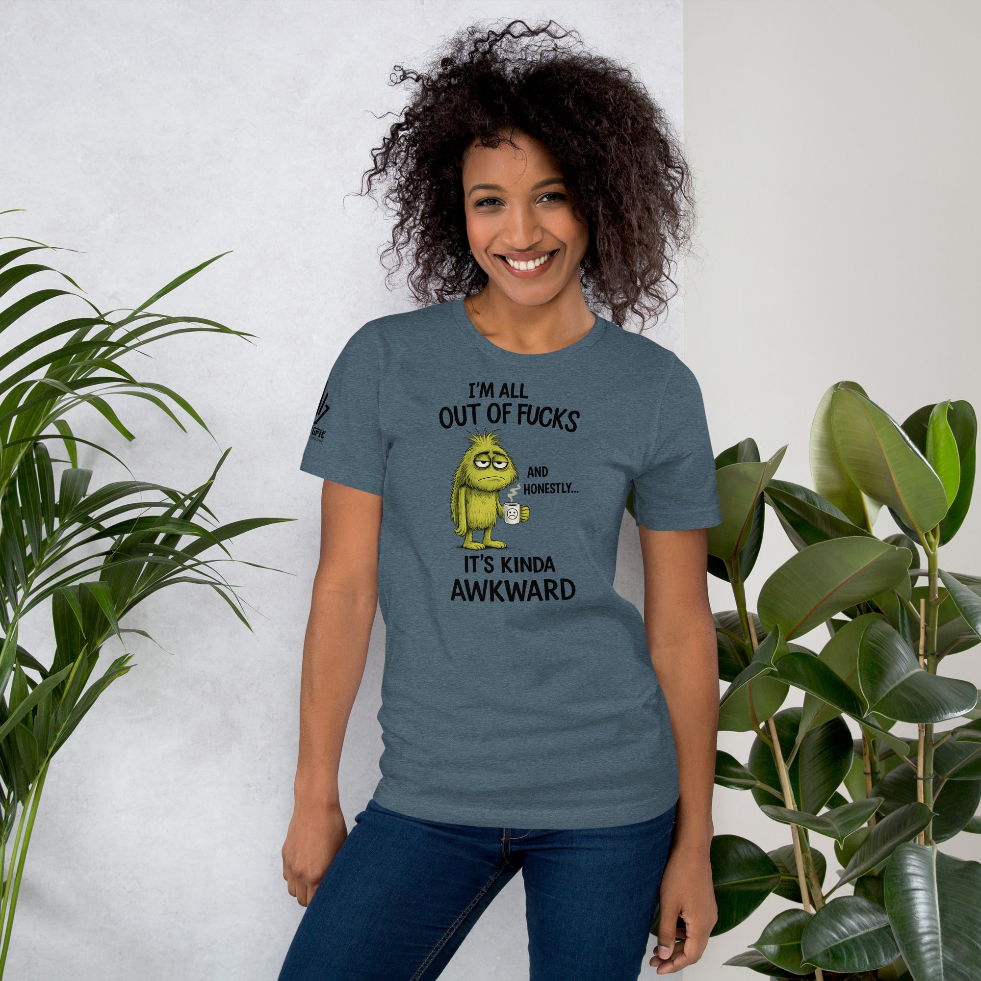 Funny sarcastic monster shirt featuring All Outta Fucks and a cup of coffee