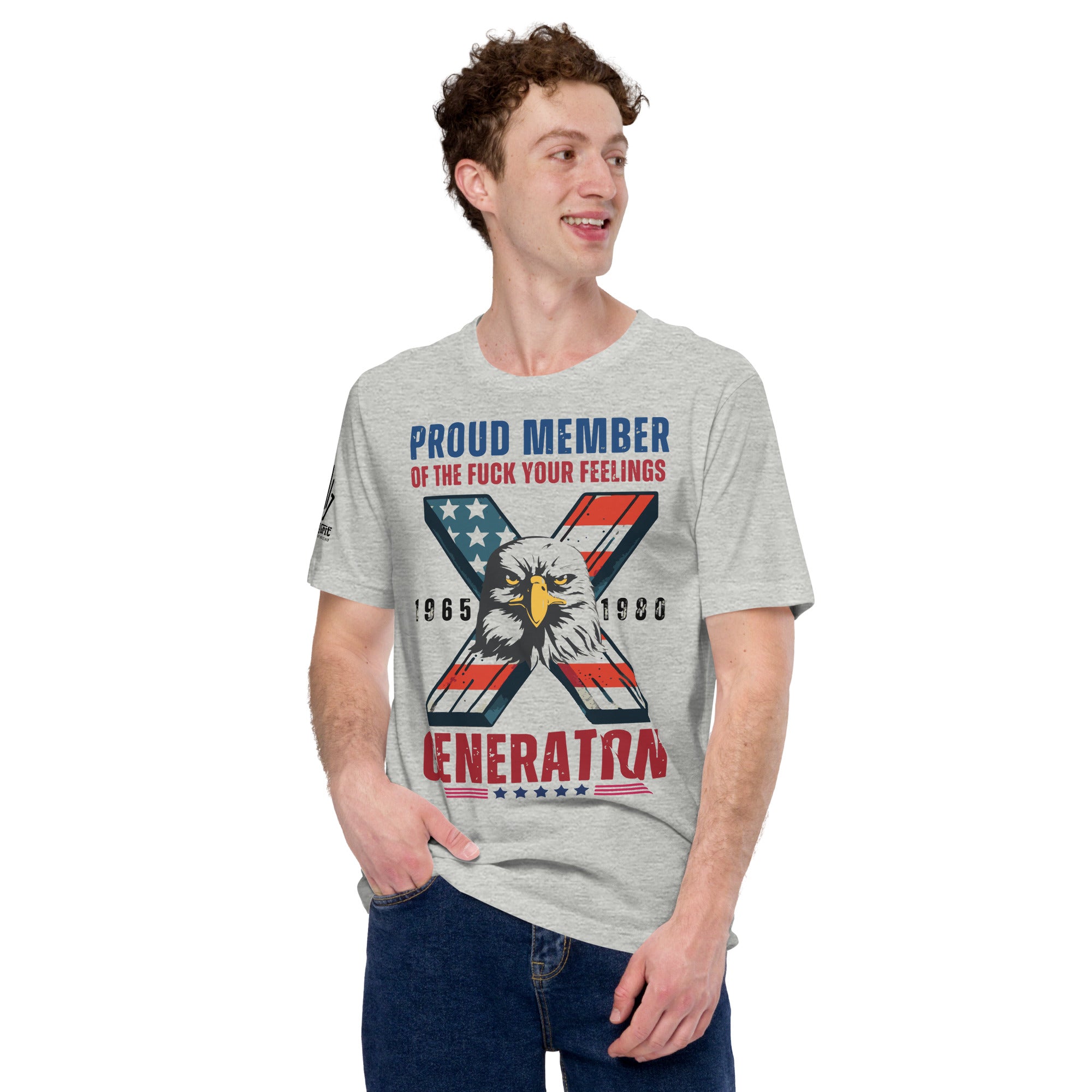 Funny Gen X shirt with patriotic red, white, and blue design for men and women