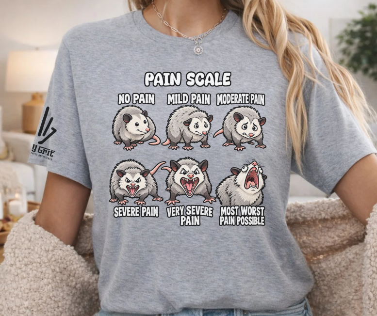Funny nurse humor design showing opossums representing different levels of pain.