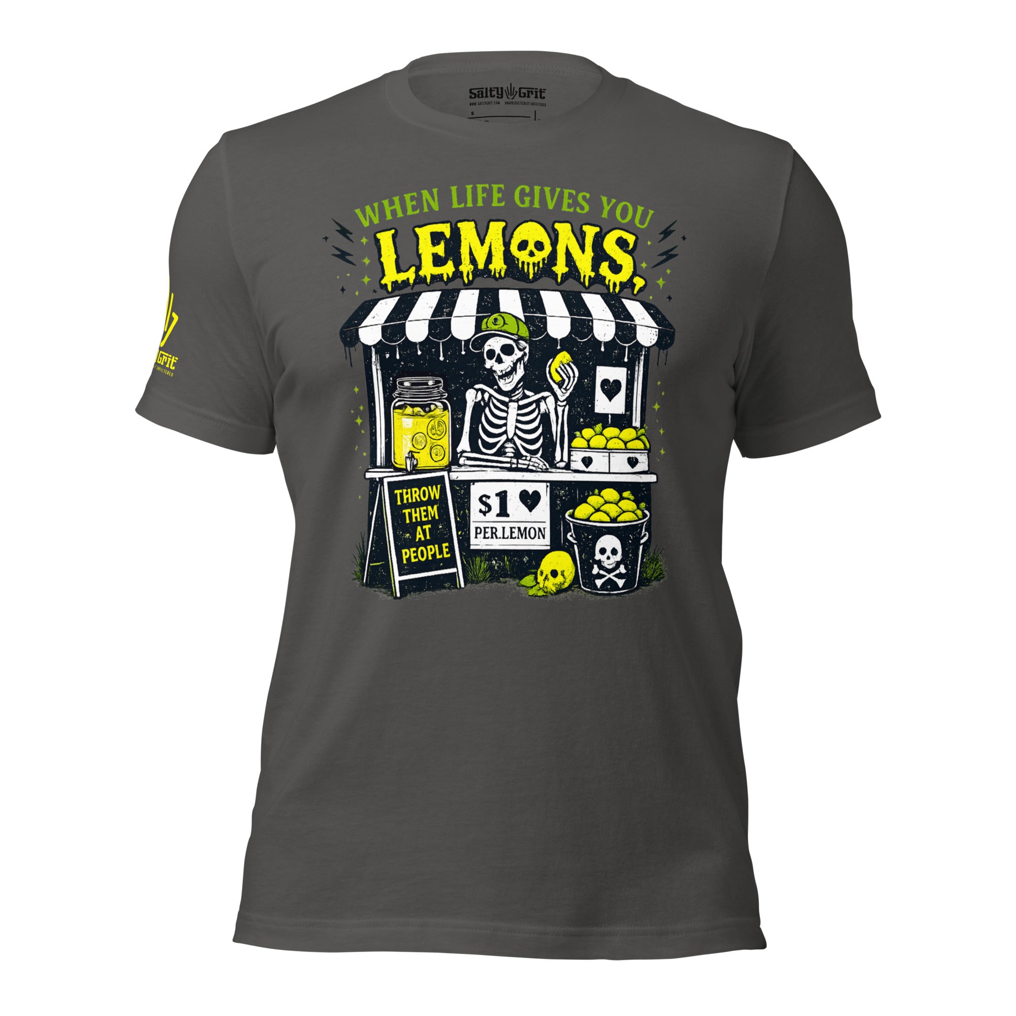 Funny skeleton shirt with When Life Gives You Lemons Throw Them At People quote