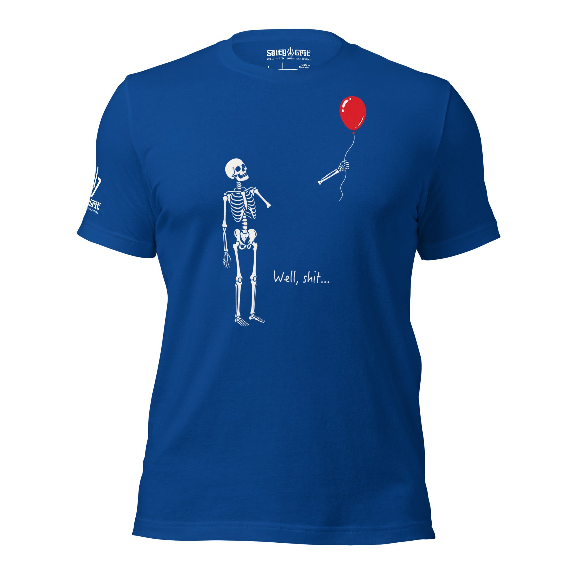 Sarcastic skeleton shirt with Well Shit saying and balloon illustration