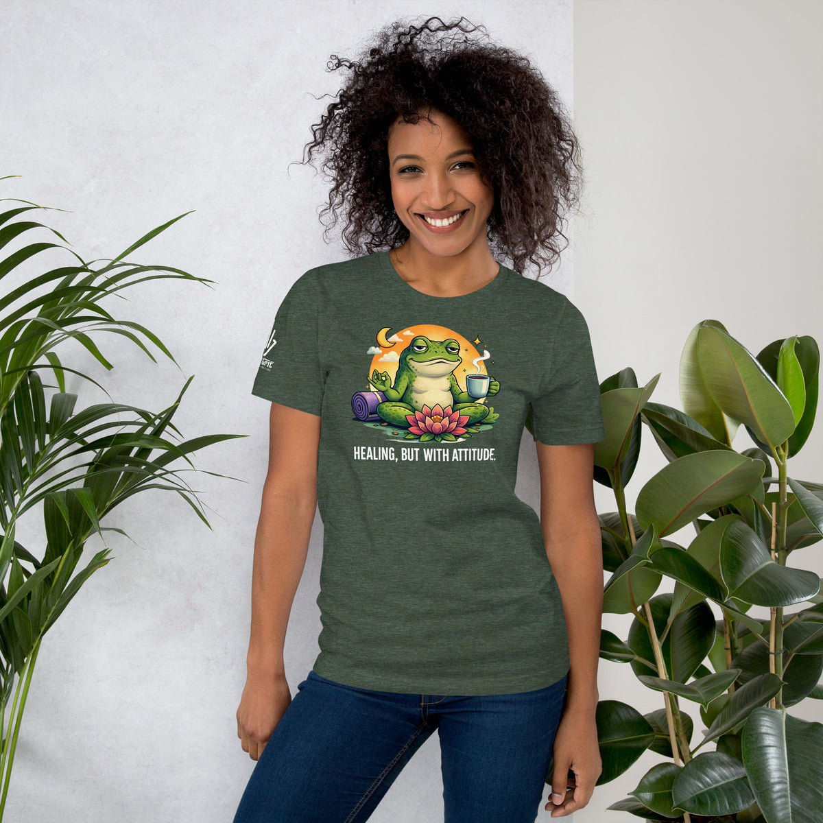Funny stressed-out frog shirt featuring a sarcastic meditation and coffee design