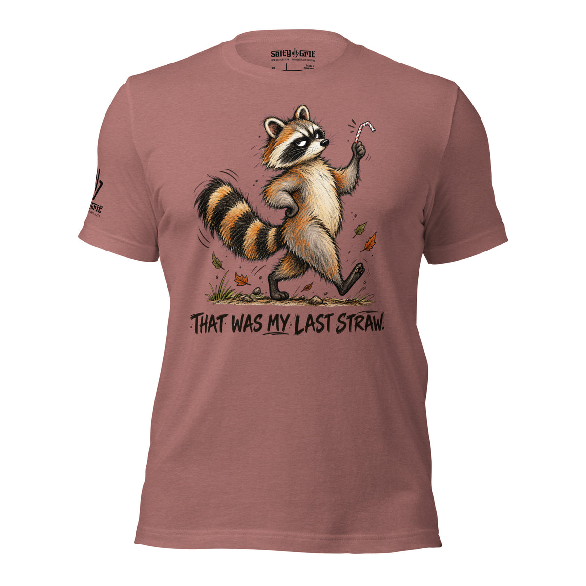 Funny stressed-out raccoon shirt featuring a bent straw