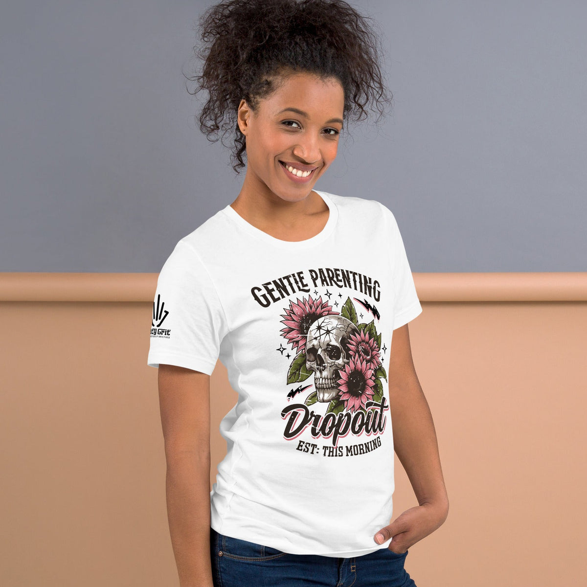 Funny tired mom sarcastic tee featuring skull and flowers with parenting humor