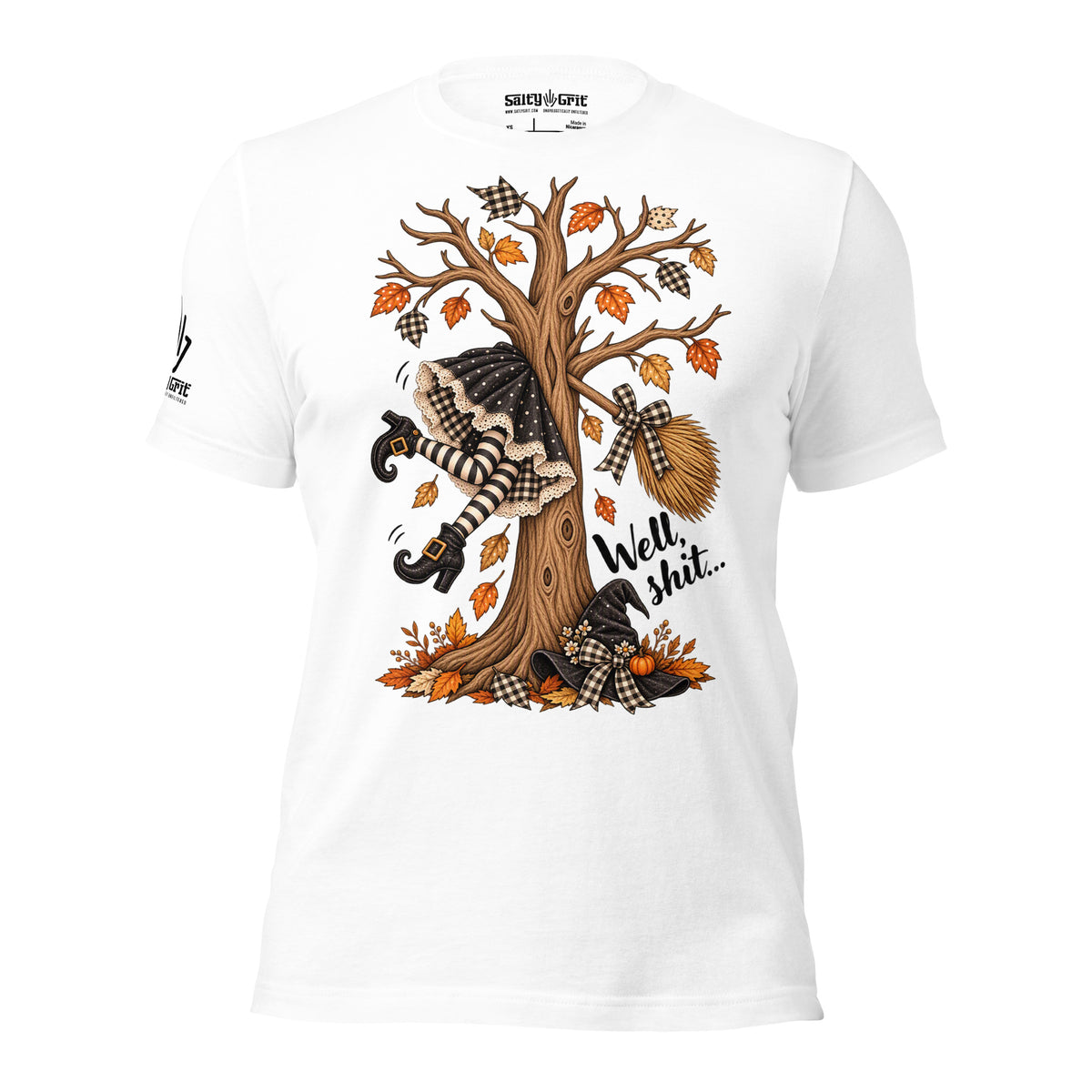 Funny witch bad day shirt featuring a crashed broom and Well Shit message